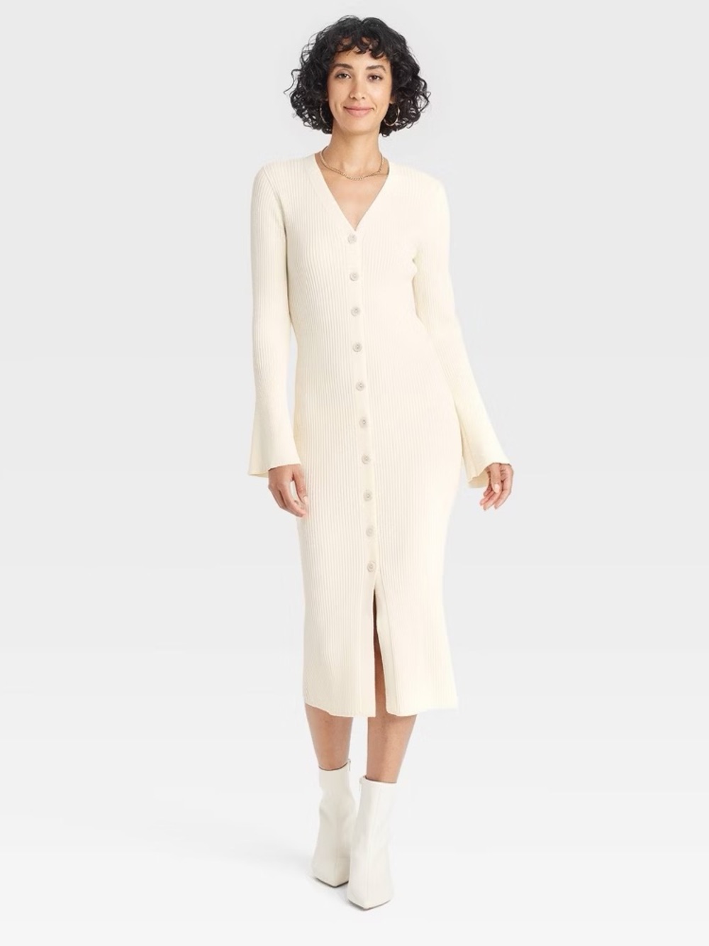 A New Day Ribbed Button Front Midi Sweater Dress Cream All Sizes NWT/NWOT